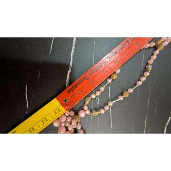 vintage Pink Beaded Necklace Gold Accents  Dangling Pendant 22 Lobster Clasp - Picture 7 of 9